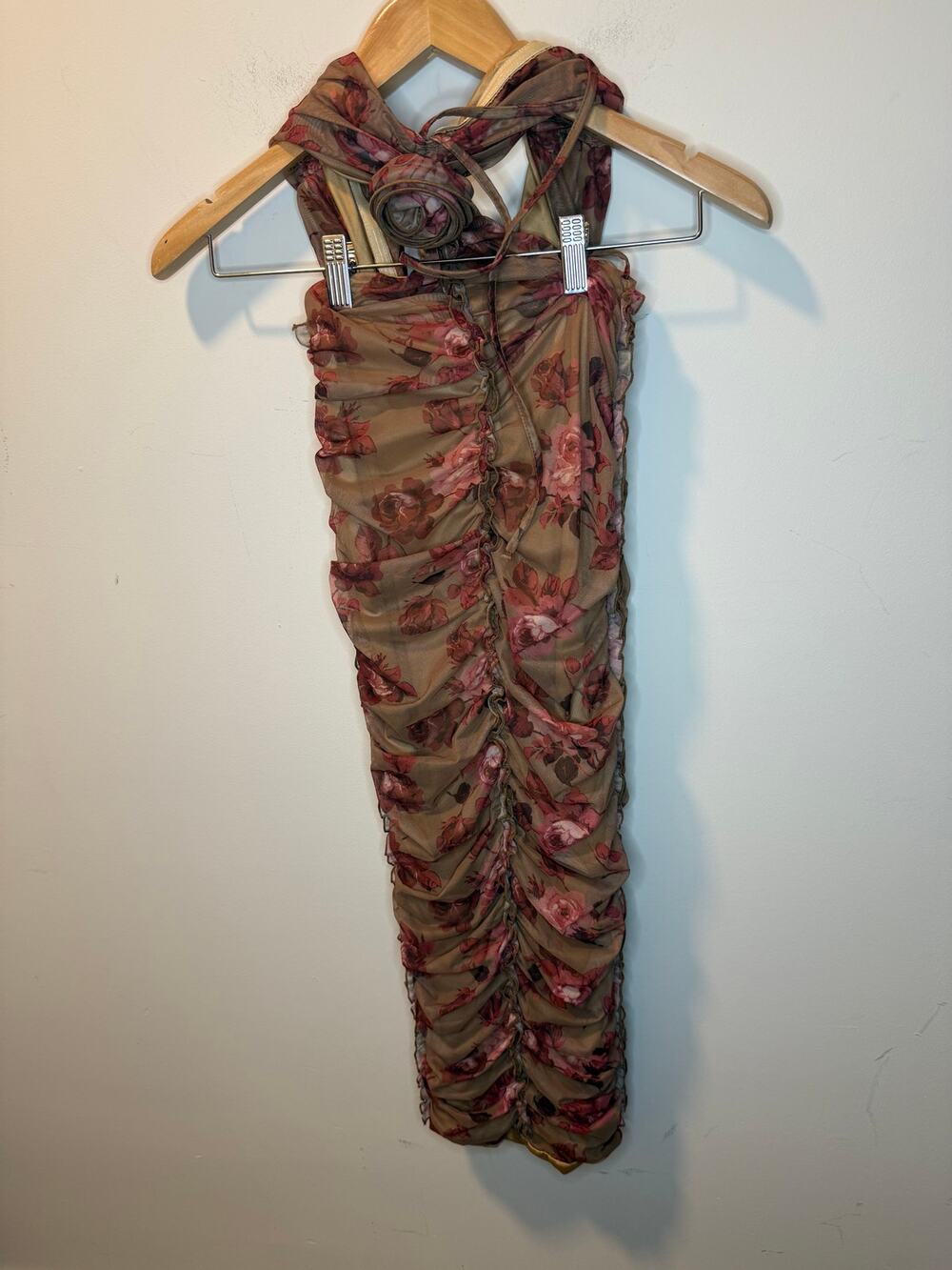 Oh Polly Floral Halter Rosette Ruched Bodycon Midi Dress US 0